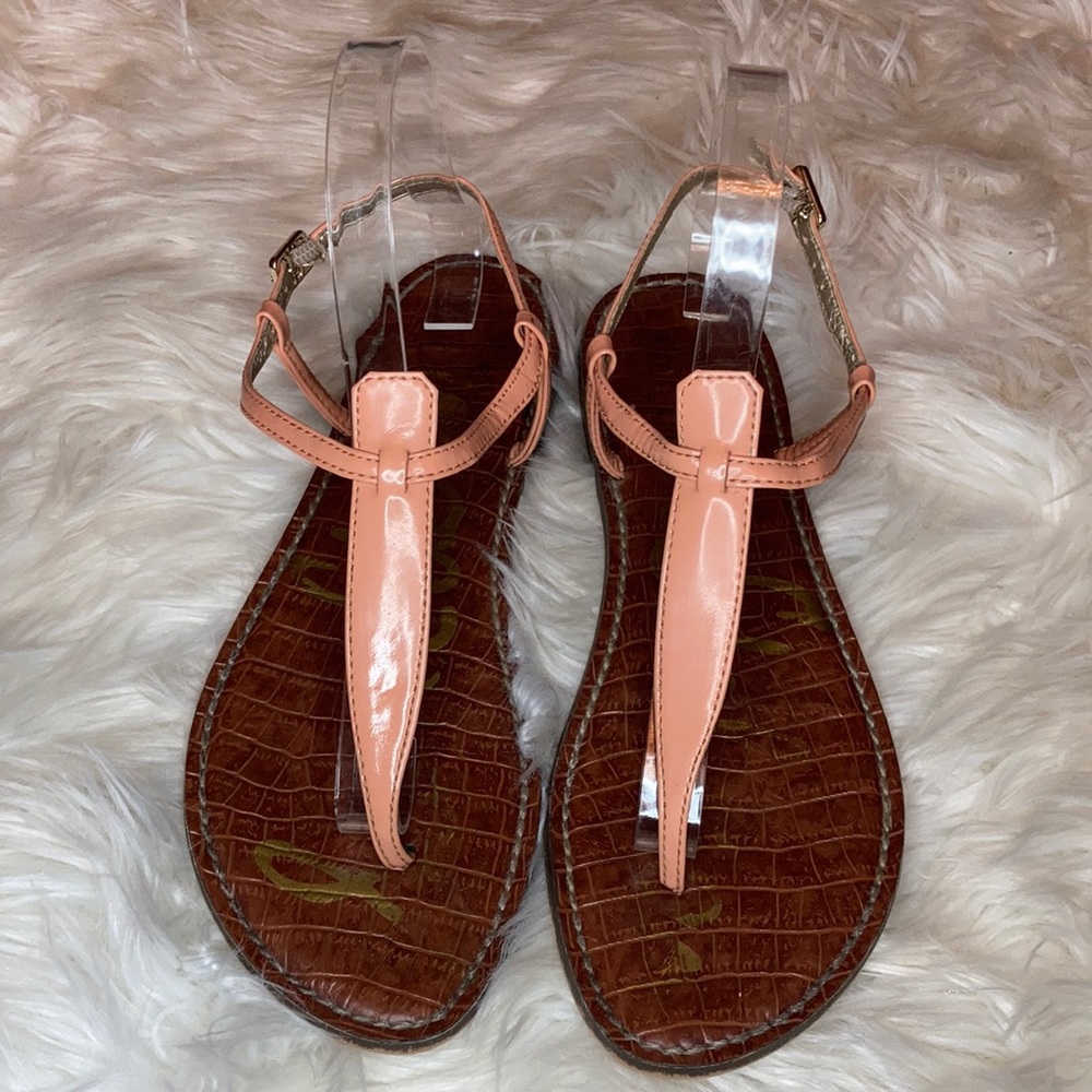 Sam Edelman Pink Patent T-Strap Leather Footbed Sandals